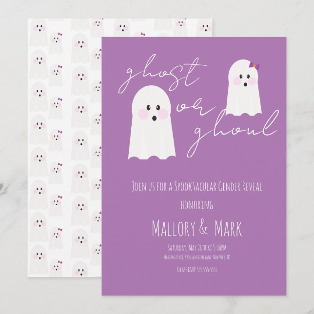 Ghost Ghoul Halloween Party Gender Reveal Purple Invitation (Front/Back)