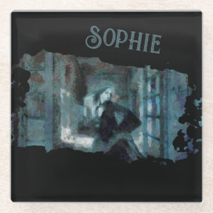 Ghost Girl in Blue – Haunting Surreal Art Glass Coaster