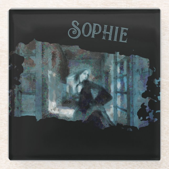 Ghost Girl in Blue – Haunting Surreal Art Glass Coaster (Front)