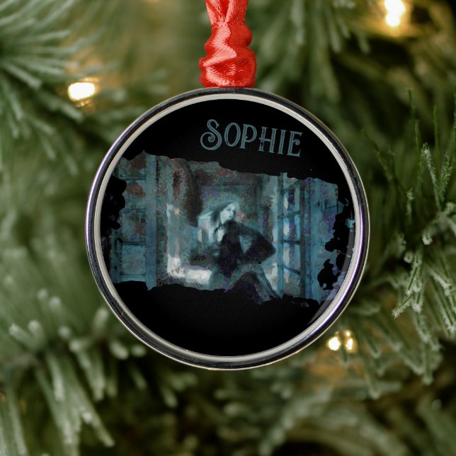 Ghost Girl in Blue – Haunting Surreal Art Metal Ornament (Tree)