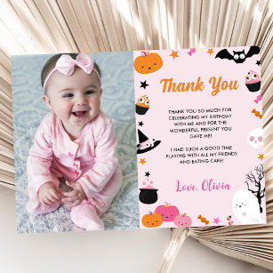 Ghost Halloween Birthday Pink Photo  Thank You Card