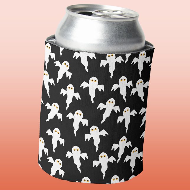 Ghost Halloween Black and White Can Cooler (Fun spooky ghost pattern Halloween can cooler)