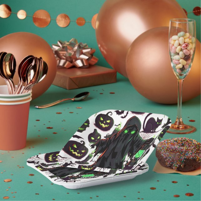 Ghost Halloween Black Paper Plate (Multi)