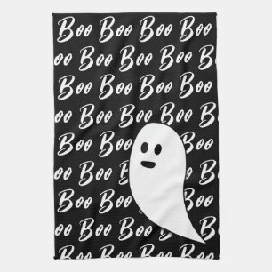 Ghost Halloween black white boo Tea Towel