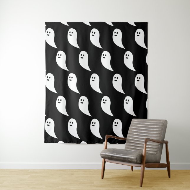 Ghost Halloween black white cute pattern Tapestry (In Situ)