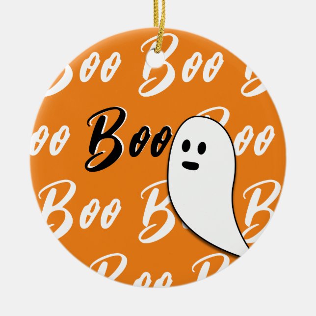 Ghost Halloween black white orange boo Ceramic Ornament (Front)