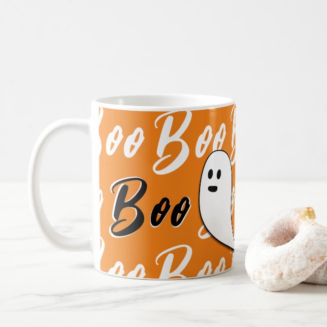 Ghost Halloween black white orange boo Coffee Mug (With Donut)