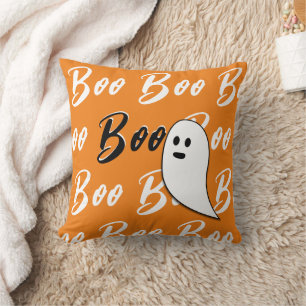 Ghost Halloween black white orange boo Cushion