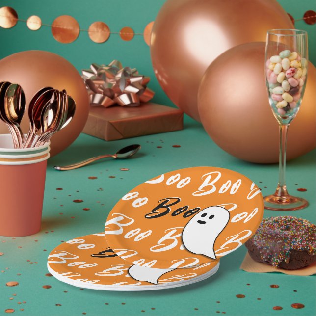 Ghost Halloween black white orange boo Paper Plate (Multi)