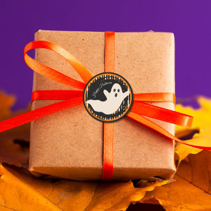 Ghost Halloween Orange & Black Vintage Stripe Classic Round Sticker