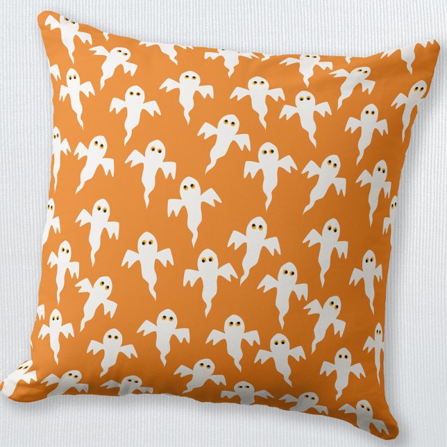 Ghost Halloween Orange Cushion (Fun little ghosts orange and white throw pillow, perfect for Halloween decor)