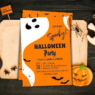 Ghost Halloween Party Let's Get Spooky Orange Bat Invitation