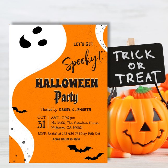 Ghost Halloween Party Let's Get Spooky Orange Bat Invitation (Creator Uploaded)