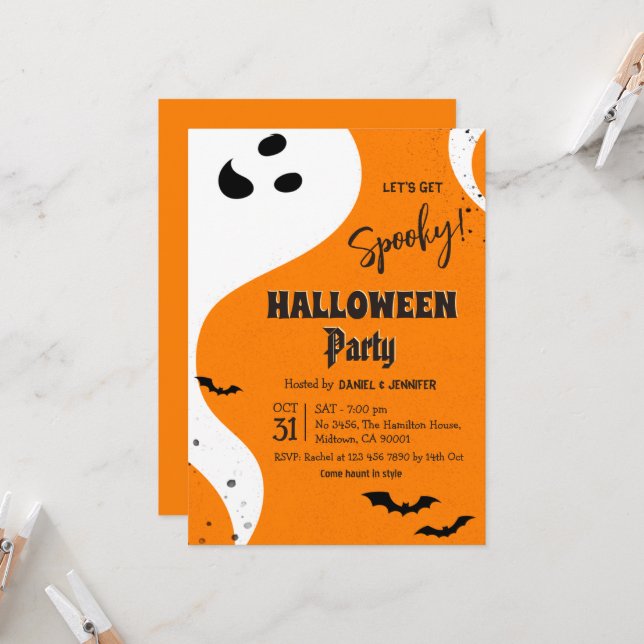 Ghost Halloween Party Let's Get Spooky Orange Bat Invitation (Front/Back In Situ)