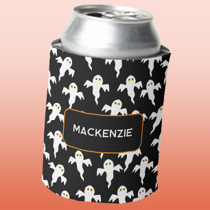 Ghost Halloween Personalised Black and White Can Cooler