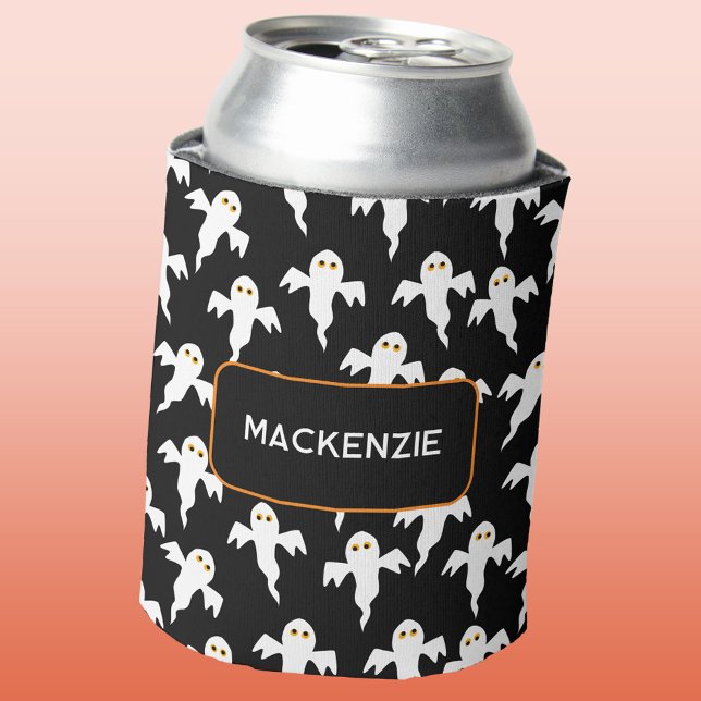Ghost Halloween Personalised Black and White Can Cooler (Fun personalized custom name Halloween ghost black and white can cooler)