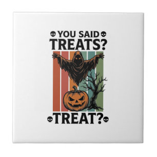 Ghost Halloween Shirt with Spooky Treat Pun and Pu Ceramic Tile
