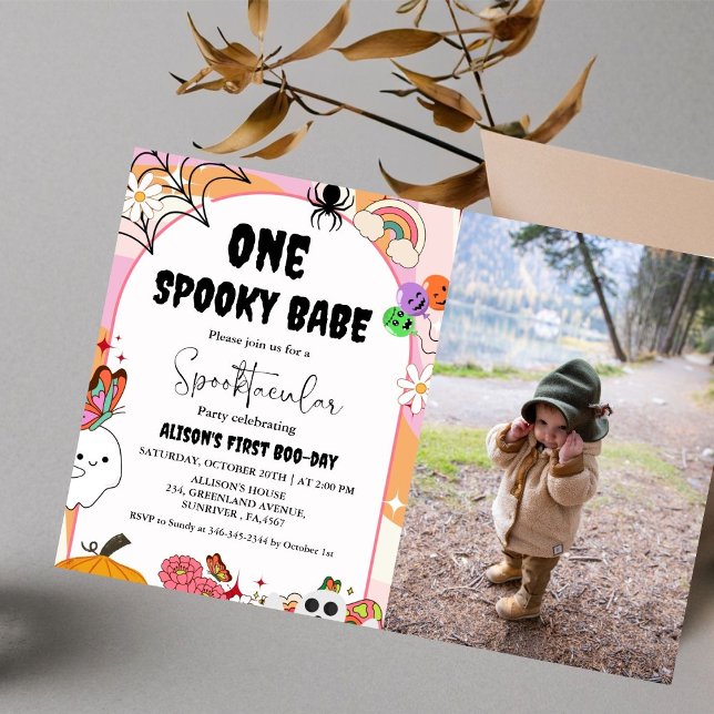 Ghost Halloween Spooky vibes Retro Groovy Birthday Invitation (Creator Uploaded)