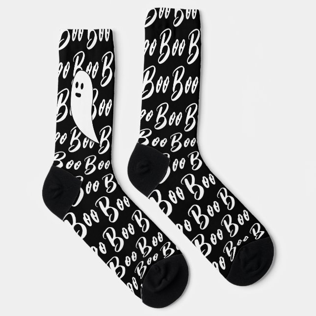 Ghost Halloween white black boo text pattern Socks (Right)
