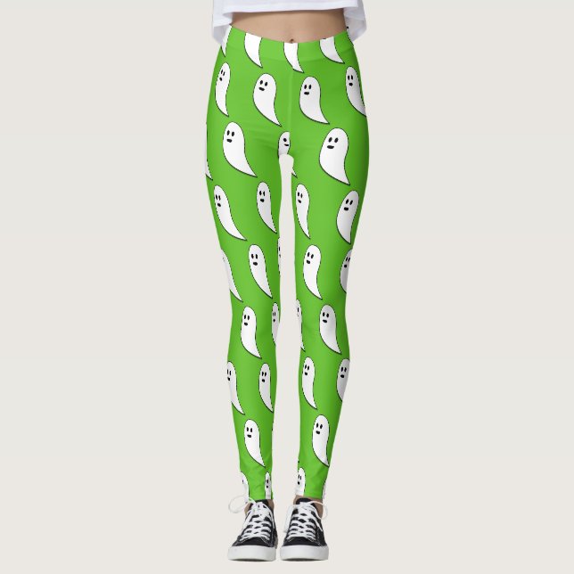 Ghost Halloween white cute pattern green Leggings (Front)