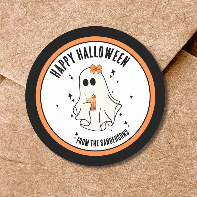 Ghost Happy Halloween Classic Round Sticker (Cute Ghost Happy Halloween Classic Round Sticker)