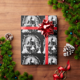 GHOST HAUNTED HOUSE BLACK AND WHITE HALLOWEEN WRAPPING PAPER