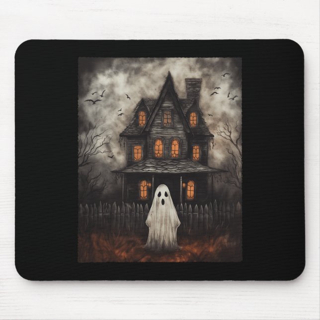 Ghost Haunted House Midnight Halloween Ghost Spook Mouse Pad (Front)