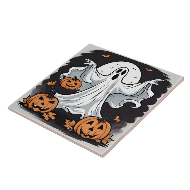 Ghost haunting pumpkins on Halloween Ceramic Tile (Side)