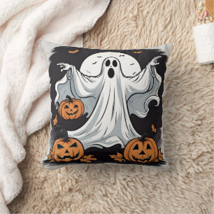 Ghost haunting pumpkins on Halloween Cushion