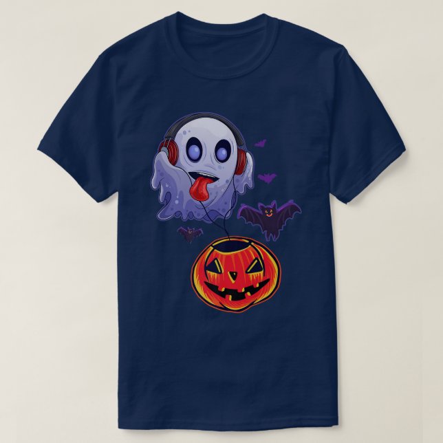 Ghost Hear Music Pumpkin Halloween Costume Men Wom T-Shirt (Design Front)