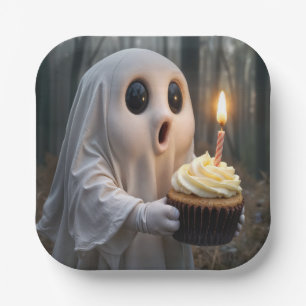 Ghost Holding a Birthday Cupcake Paper Plate