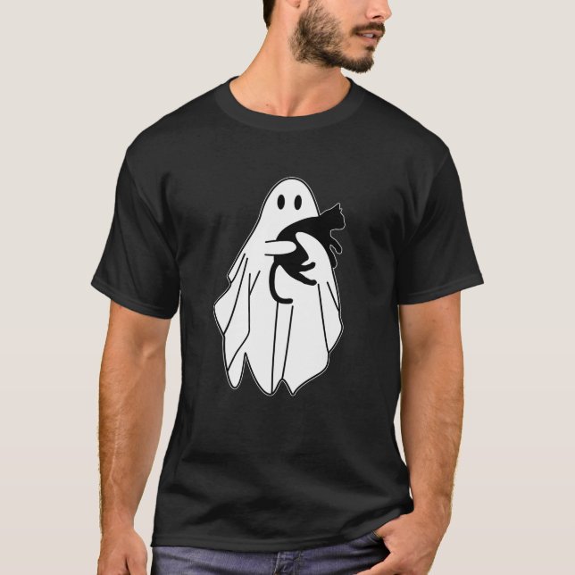 Ghost Holding A Black Cat Lazy Halloween Lover Men T-Shirt (Front)