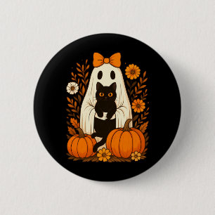 Ghost Holding Black Cat Cute Ghost Groovy Floral 6 Cm Round Badge