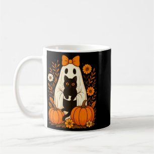Ghost Holding Black Cat Cute Ghost Groovy Floral Coffee Mug