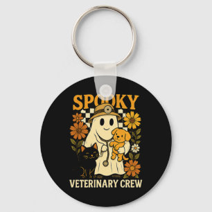 Ghost Holding Black Cat Dog Veterinarian Halloween Key Ring