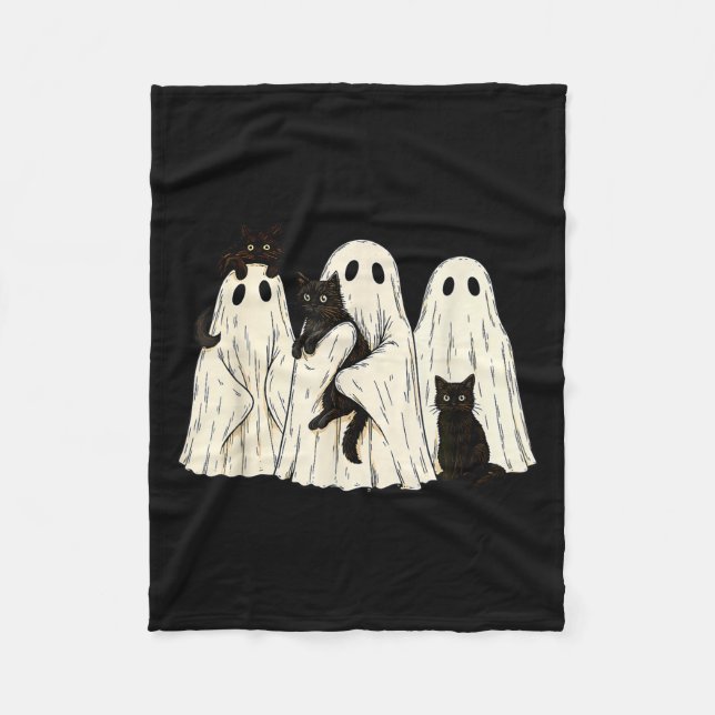 Ghost Holding Black Cat Funny Halloween Cat Lovers Fleece Blanket (Front)