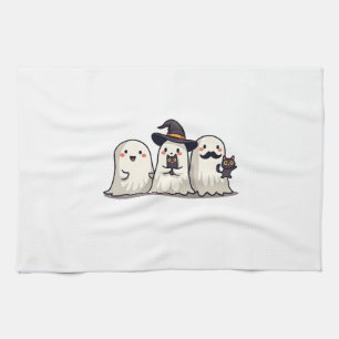 Ghost Holding Black Cat Funny Halloween Cat Lovers Tea Towel