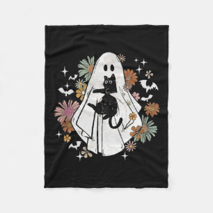 Ghost Holding Black Cat Groovy Floral Halloween Go Fleece Blanket