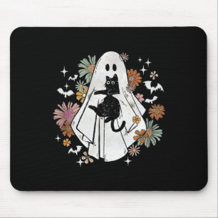Ghost Holding Black Cat Groovy Floral Halloween Go Mouse Pad