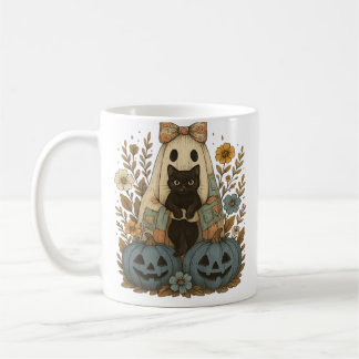 Ghost Holding Black Cat Groovy Floral Vintage Hall Coffee Mug