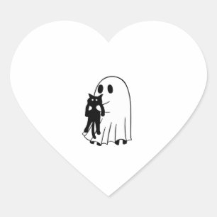 Ghost Holding Black Cat Halloween Friendship Theme Heart Sticker