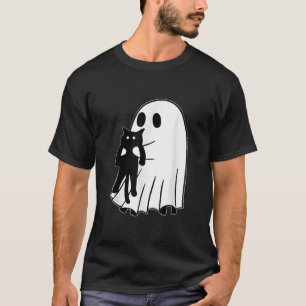 Ghost Holding Black Cat Halloween Friendship Theme T-Shirt