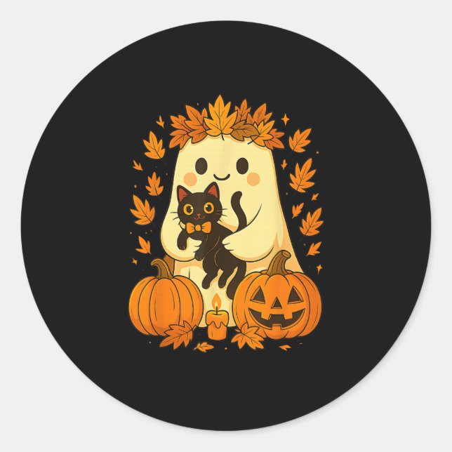 Ghost Holding Black Cat Halloween Pumpkins Autumn  Classic Round Sticker (Front)