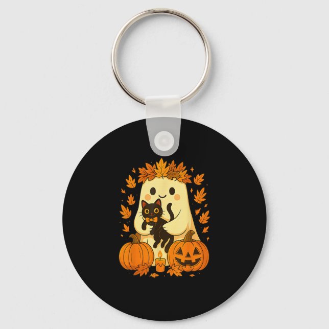 Ghost Holding Black Cat Halloween Pumpkins Autumn  Key Ring (Front)