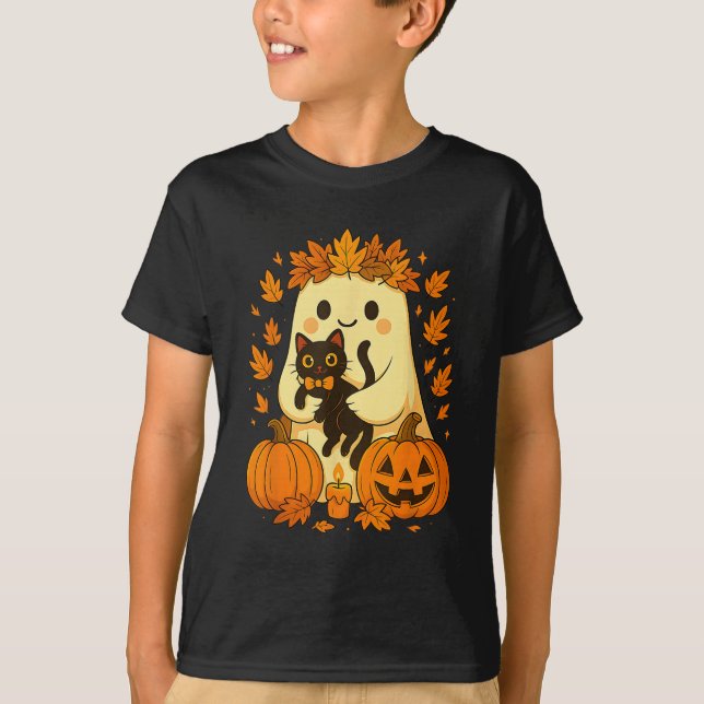 Ghost Holding Black Cat Halloween Pumpkins Autumn  T-Shirt (Front)