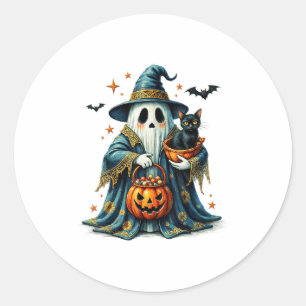 Ghost Holding Black Cat Lover Halloween 2025 Groov Classic Round Sticker