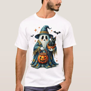 Ghost Holding Black Cat Lover Halloween 2025  T-Shirt