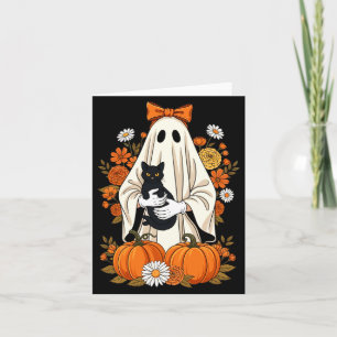 Ghost Holding Black Cat Pumpkin Floral Halloween Card