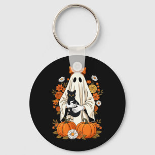 Ghost Holding Black Cat Pumpkin Floral Halloween Key Ring