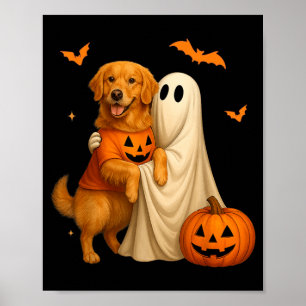 Ghost Holding Golden Dog Halloween - Funny Golden Poster